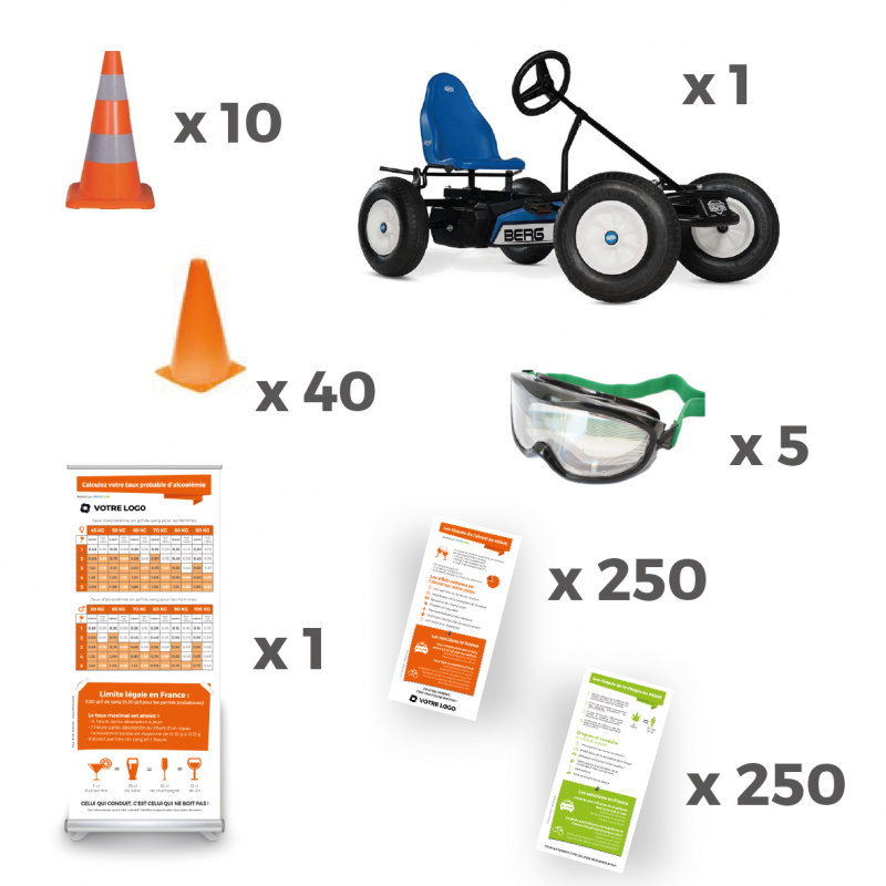 Pack de prévention aux dangers de l'alcool et des drogues au volant avec lunettes, totems, kart à pédales, flyer, plots.